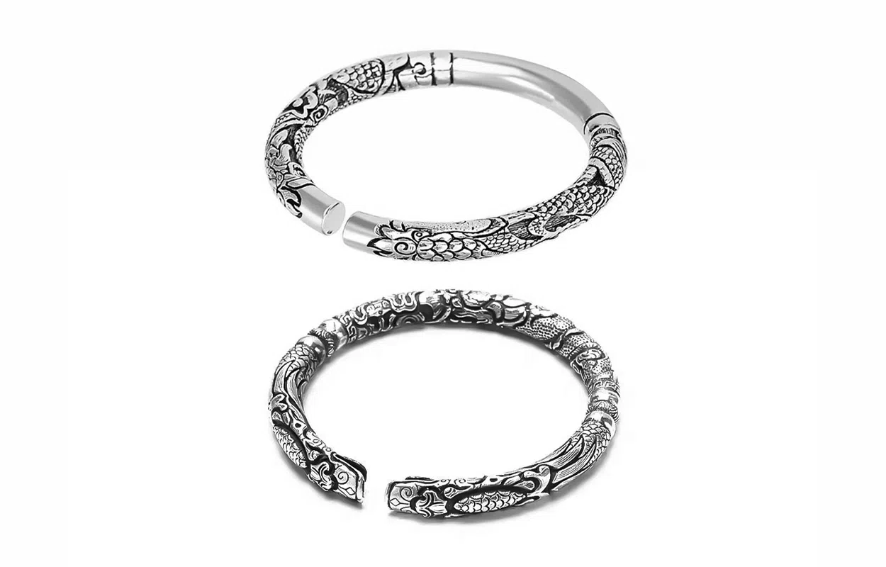 牧言 国潮复古做旧中式民族风简约小众设计高级感 立体十二生肖龙双响龙纹开口手饰 合金 双龙头手镯 男款