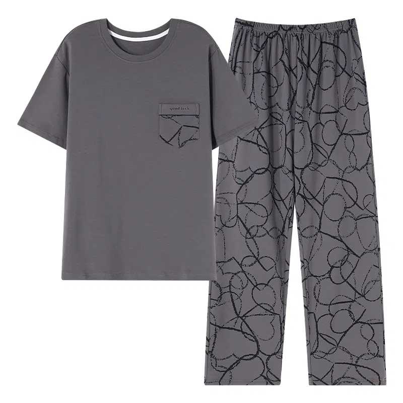 莫代尔 舒适亲肤柔软透气微弹耐磨圆领短袖松紧裤腰不勒腹长裤可居家休闲可外穿睡衣套装 男款 灰色