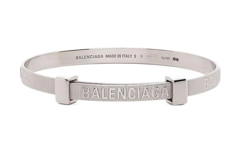 Balenciaga Logo Engraved Silver Bracelet