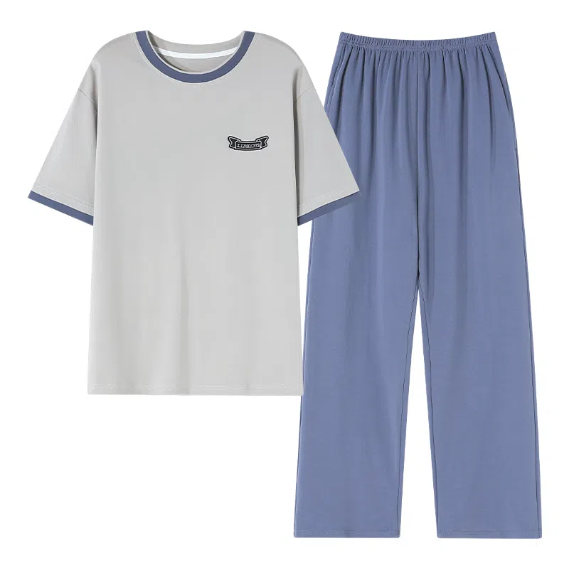 莫代尔 柔软舒适亲肤微弹透气耐磨吸湿排汗短袖松紧裤腰不勒腹长裤可居家休闲可外穿睡衣套装 男款 银色