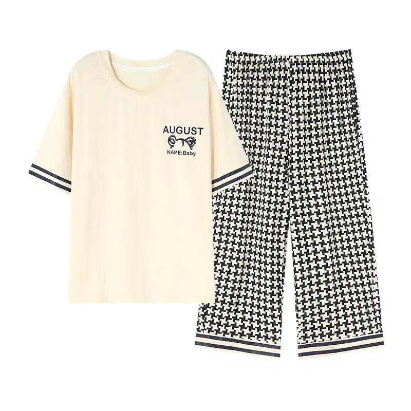 莫代尔 舒适亲肤细腻柔软透气微弹耐磨吸湿排汗短袖弹力裤腰不勒腹七分裤休闲可外穿睡衣套装 女款 杏色