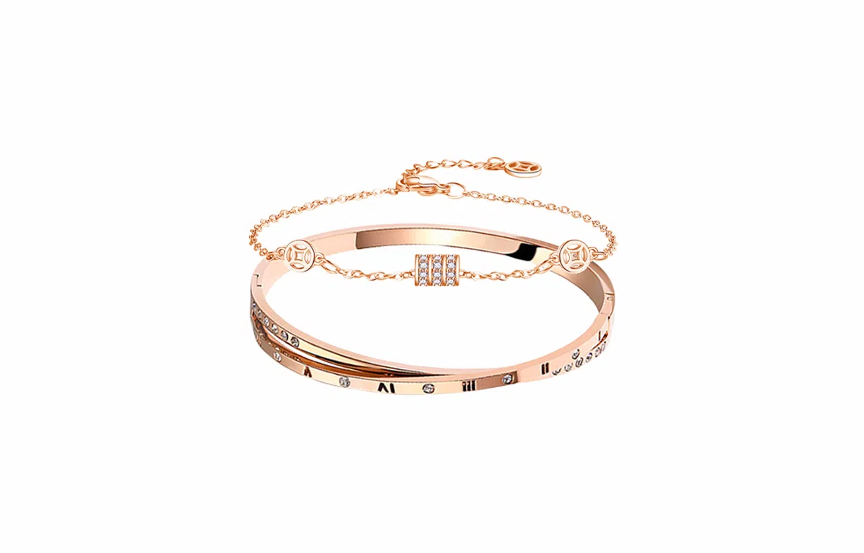 牧言 气质简约小众设计高级感 光面立体闪耀小蛮腰镂空铜钱手链交织素圈双层手饰 钛钢 罗马数字叠戴手镯 女款