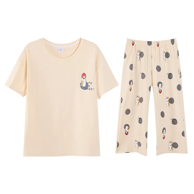 歌倩雅 短袖七分裤可爱甜美睡衣套装 女款 杏色