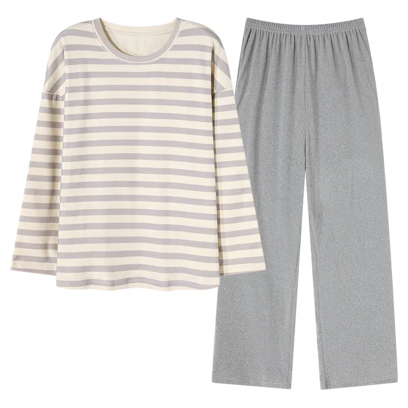 莫代尔 舒适亲肤条纹长袖长裤家居服睡衣套装 女款 灰色