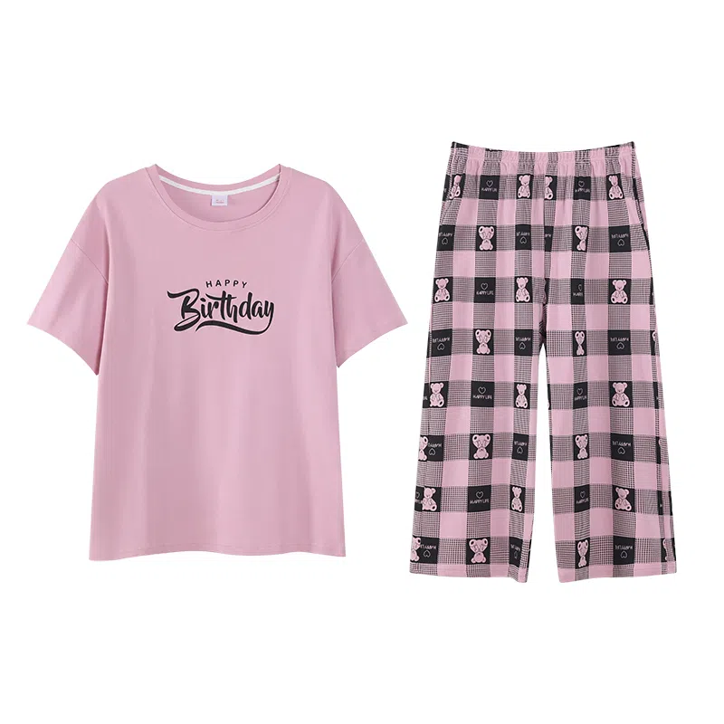 歌倩雅 纯棉短袖七分裤韩版休闲可外穿简约家居服睡衣套装 女款 粉色