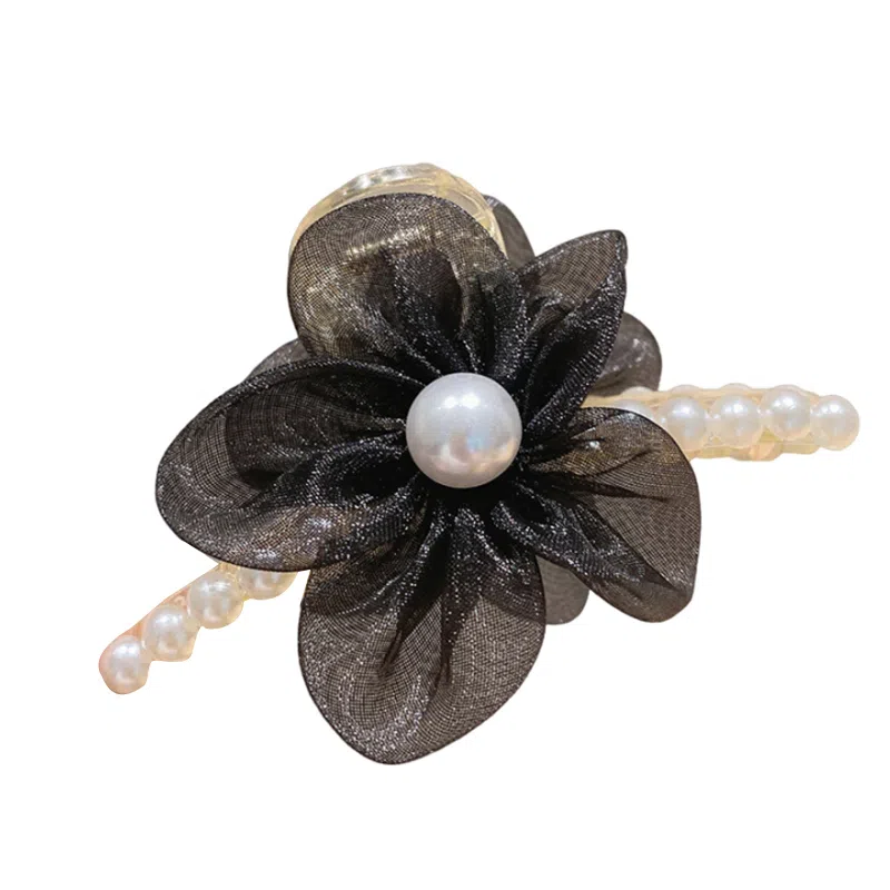 妖娆猫 超仙网纱珍珠花朵后脑勺气质盘发鲨鱼夹发卡韩式高级感 发夹 女款