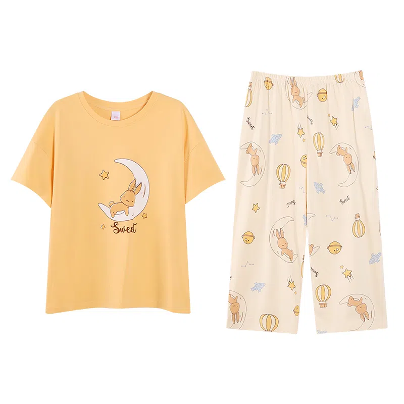 歌倩雅 舒适亲肤休闲简约短袖七分裤睡衣套装 女款 黄色