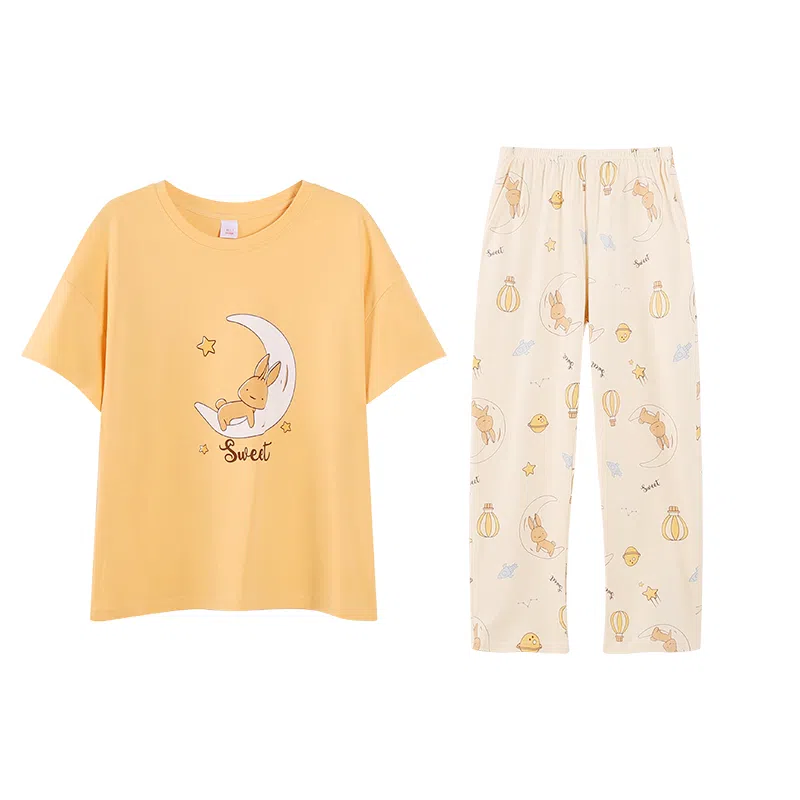 歌倩雅 舒适透气纯色休闲短袖长裤睡衣套装 女款 黄色