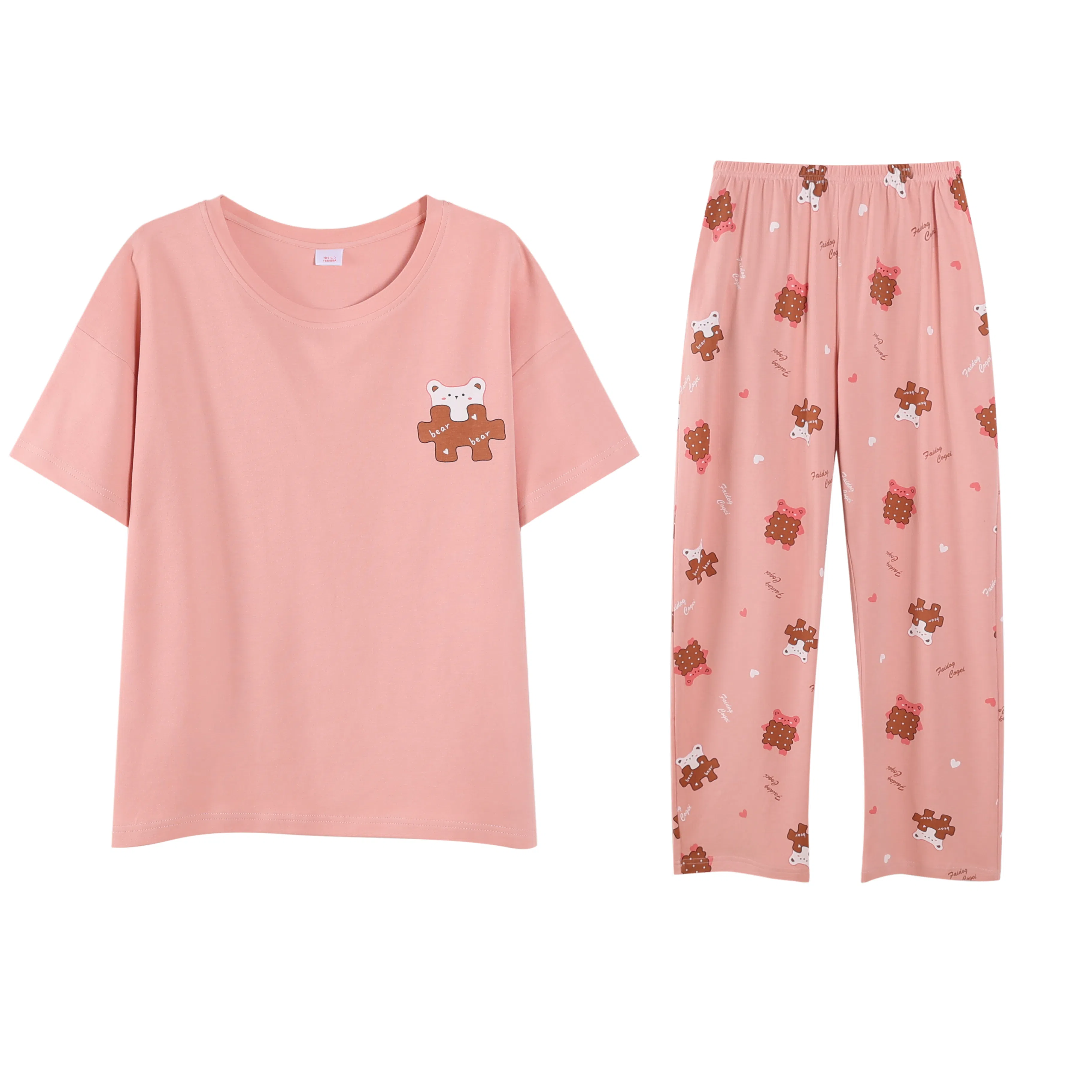 歌倩雅 短袖长裤圆领套头春夏睡衣套装 女款 图片色