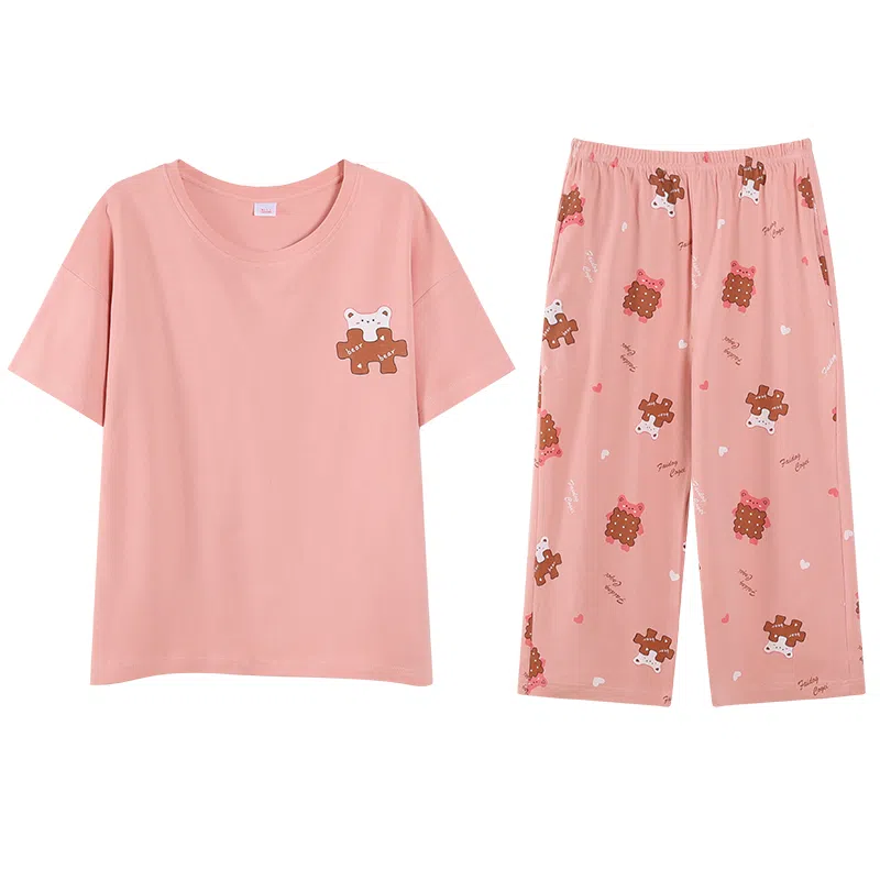 歌倩雅 卡通版休闲舒适亲肤短袖七分裤睡衣套装 女款 豆沙色
