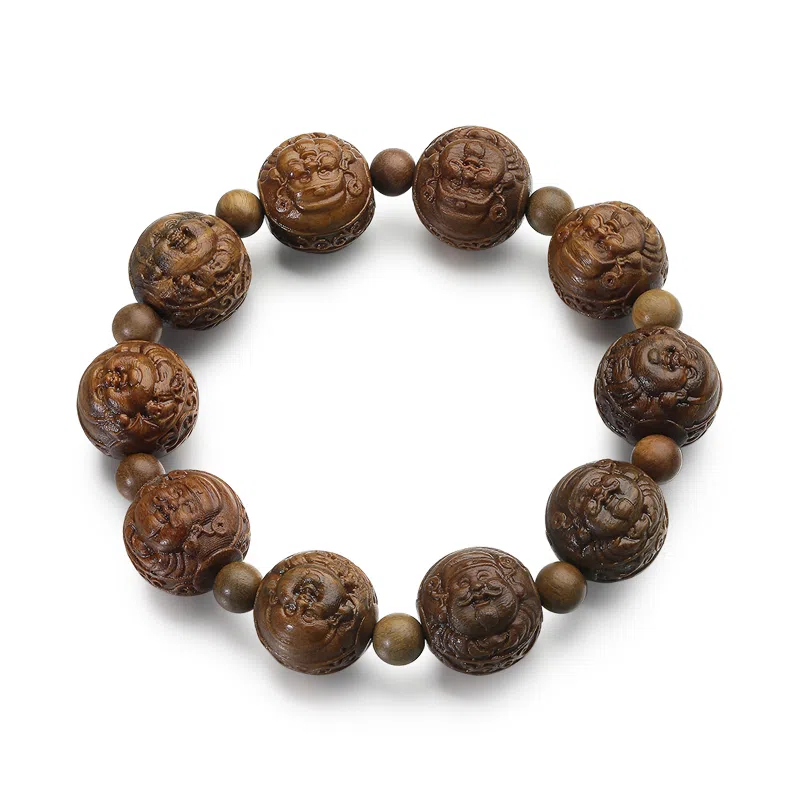 周帝王 国潮招财纳福精工雕刻弥勒佛文玩盘串单圈 转运暴富新中式国风小众设计 绿檀 木作手串 男女同款情侣款 绿檀