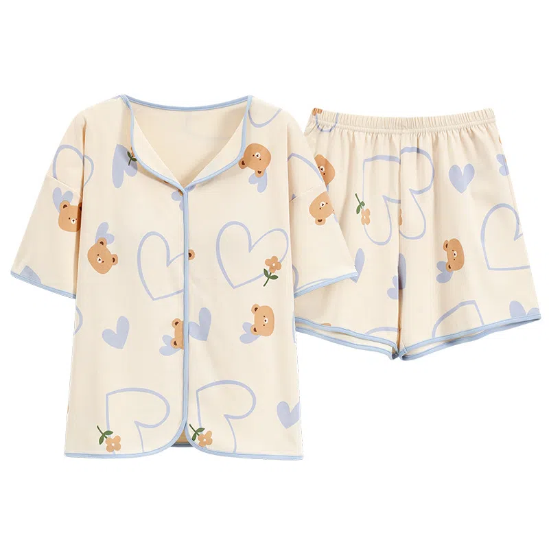 花蔓色 薄款休闲带胸垫家居服防凸点短袖三分裤睡衣套装 女款