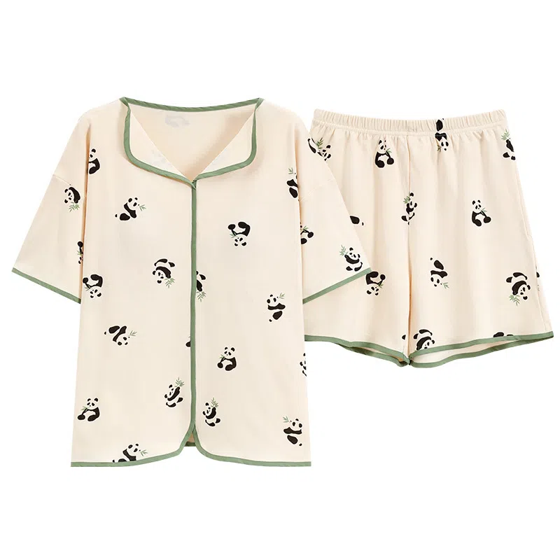 花蔓色 薄款休闲带胸垫家居服防凸点短袖三分裤睡衣套装 女款