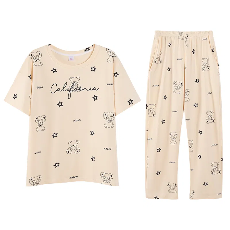 歌倩雅 套头圆领短袖透气家居服长裤睡衣套装 女款 杏色