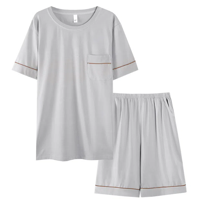 歌倩雅 纯色圆领简约短袖上衣舒适透气五分裤睡衣套装 男款 浅灰色