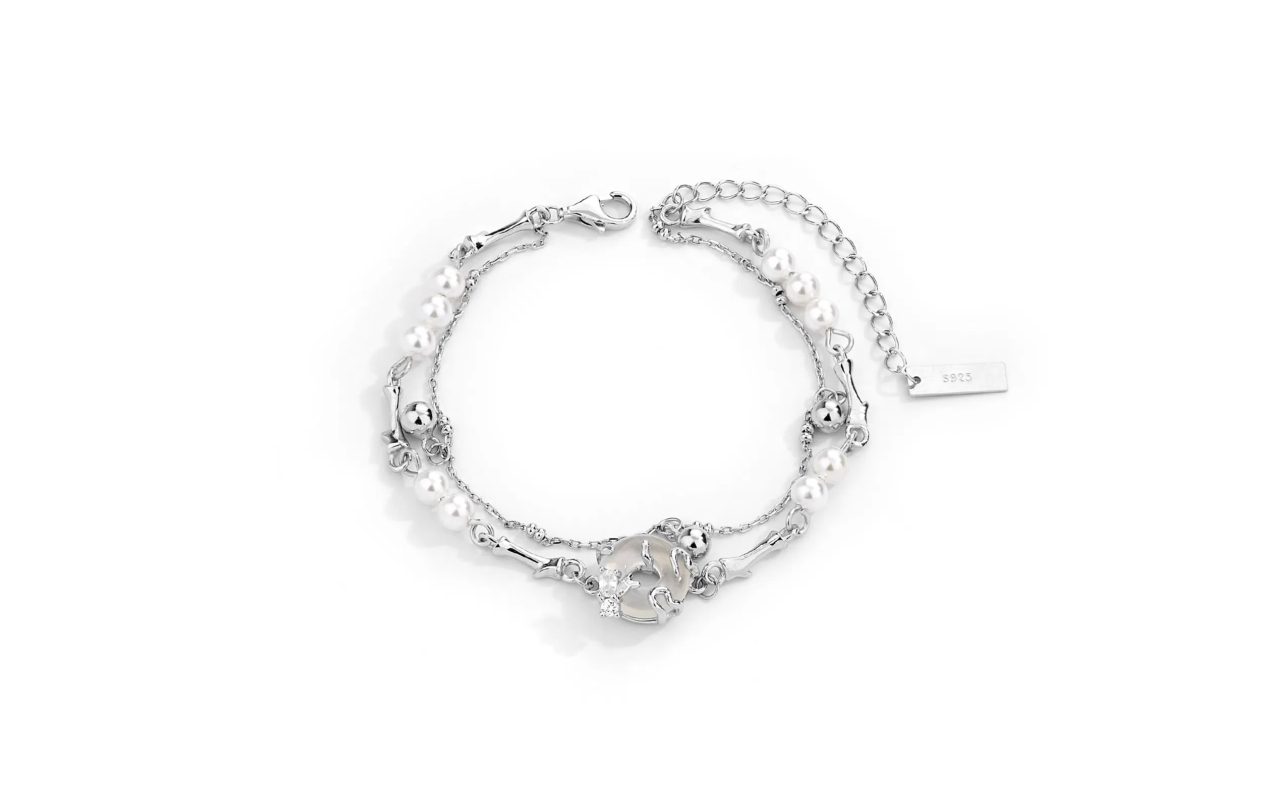 ENFANTIN Double Layer Peace Buckle Bracelet S925 Silver Agate Pearl