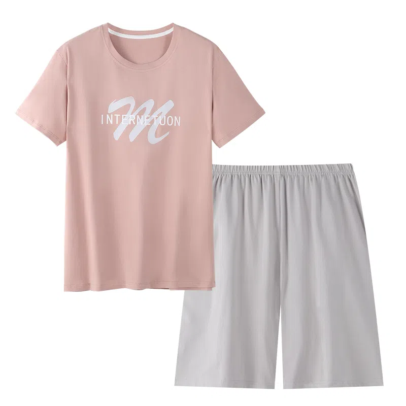歌倩雅 字母印花圆领套头短袖上衣松紧腰五分裤可外穿舒适亲肤睡衣套装 男款 浅粉色
