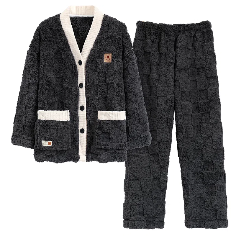 莫代尔 加厚舒软保暖亲肤开衫长袖长裤不勒腹可居家休闲可外穿睡衣套装 女款 黑色