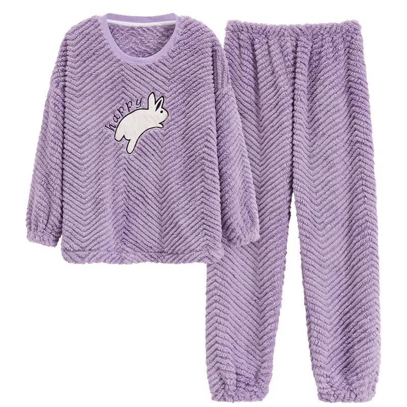 莫代尔 加厚柔软舒适细腻长袖长裤可外穿睡衣套装 女款 淡紫色