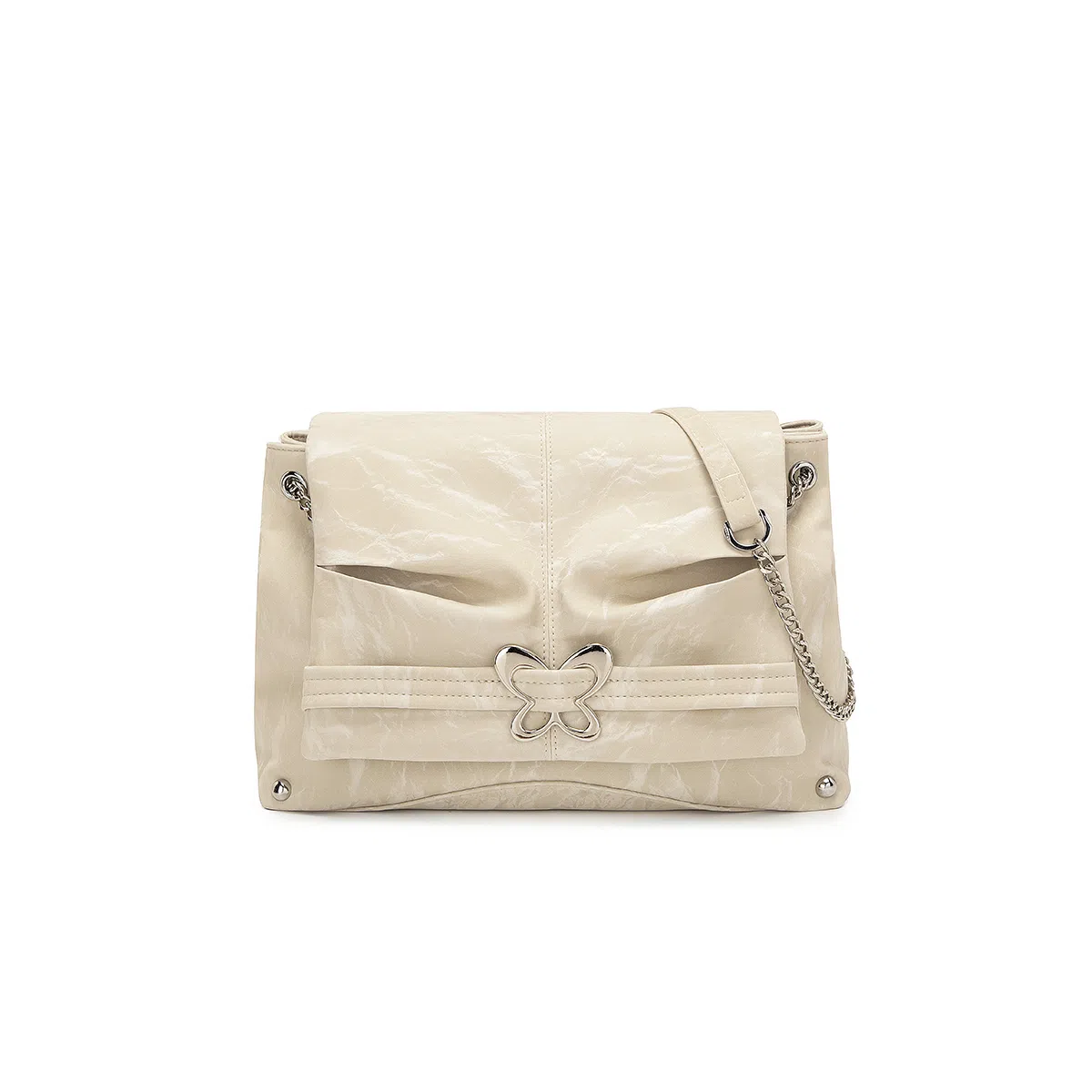 稻草人 小众设计蝴蝶扣 磁扣开合 可调节链条肩带 聚氨酯革 小方包斜挎包单肩包 中号 女款 灰蓝/浅杏色