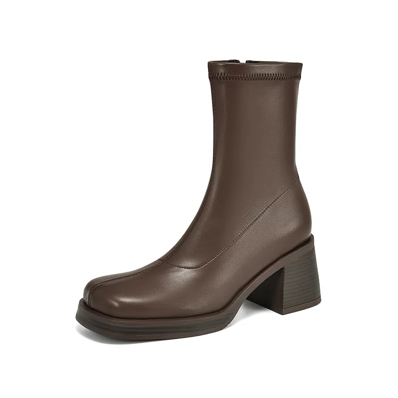 时尚复古小众弹力厚底方头漆皮粗跟显瘦 短靴 女款