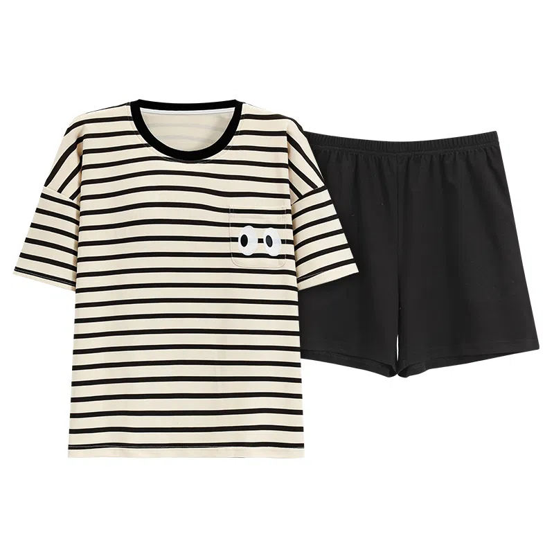 莫代尔 薄款抗菌防螨带胸垫防凸点条纹可外穿简约休闲睡衣套装 女款 杏色