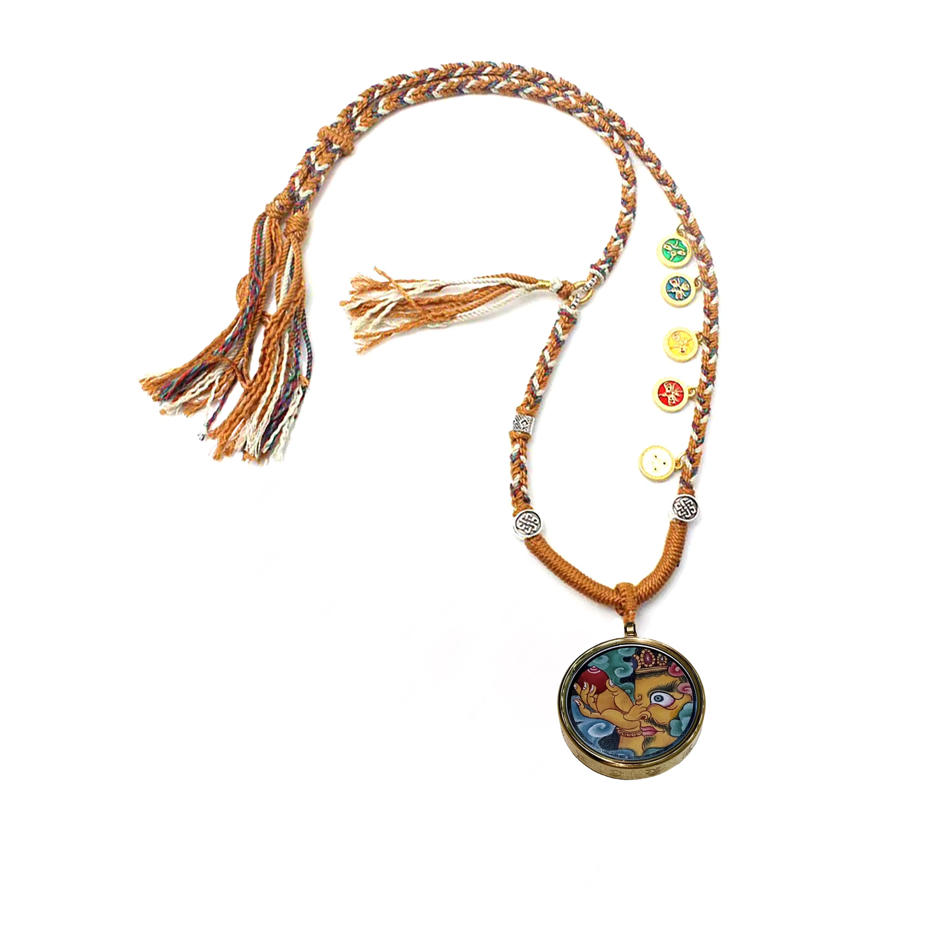 玉临门 新中式民族风招财进宝财运连连黄财神圆形唐卡热贡手绘 合金 吊坠 男女同款情侣款 送 男 女朋友 七 夕礼 物 礼盒包装