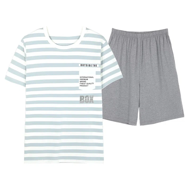 歌倩雅 短袖圆领套头舒适亲肤柔软睡衣套装 男款 浅蓝