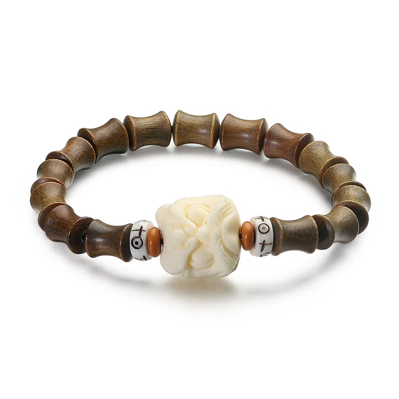 周帝王 【高品质】节节高升金丝竹节醒狮文玩盘串 小众轻奢国潮风新中式招财纳福转运素圈 绿檀 手串 男女同款情侣款