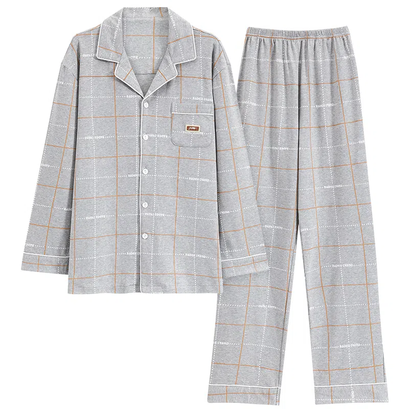 莫代尔 舒适透气柔软亲肤细腻纯棉宽松微弹耐磨开衫长袖中腰长裤可居家休闲外穿睡衣套装 男款 银色