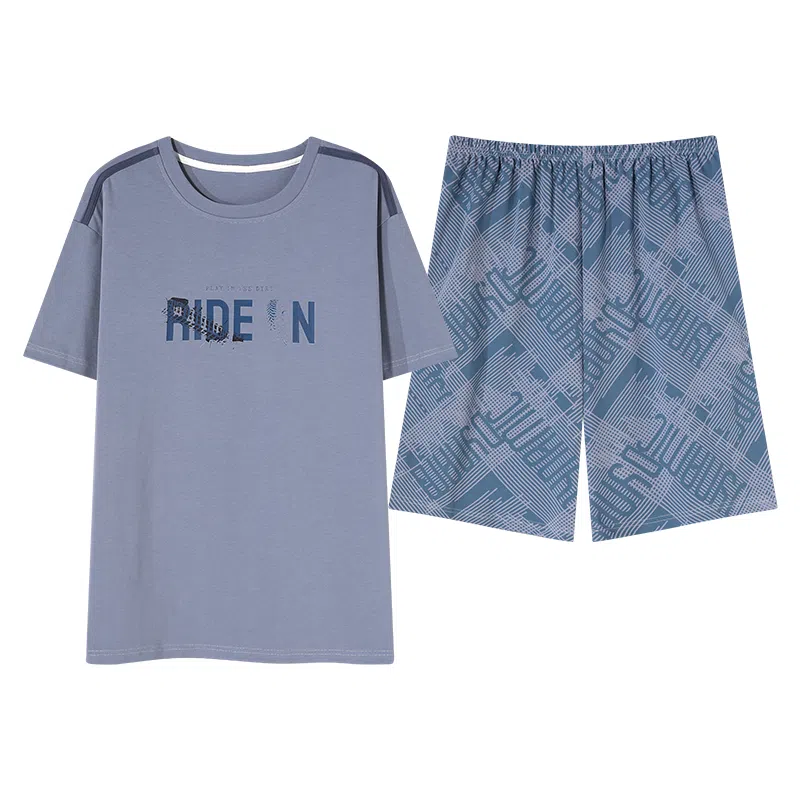 歌倩雅 舒适透气简约短袖五分裤睡衣套装 男款 蓝色