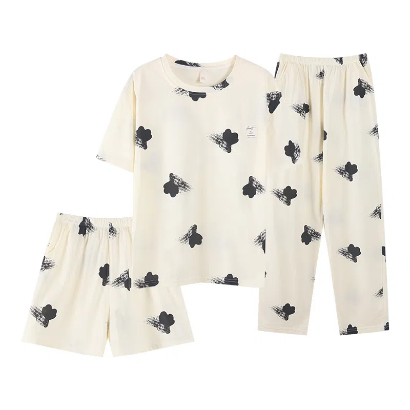 花季的故事 透气圆领短袖上衣舒适中腰长裤薄款短裤三件套睡衣套装 女款 杏色