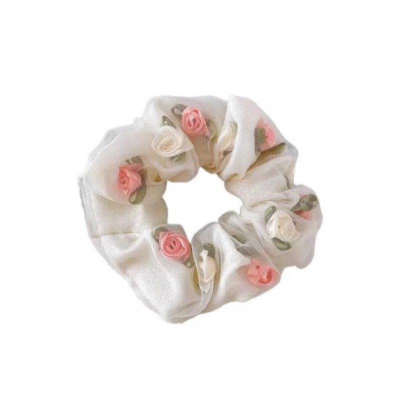 丹琴 甜美玫瑰花朵网纱大肠扎头发高弹力丸子 发圈 女款