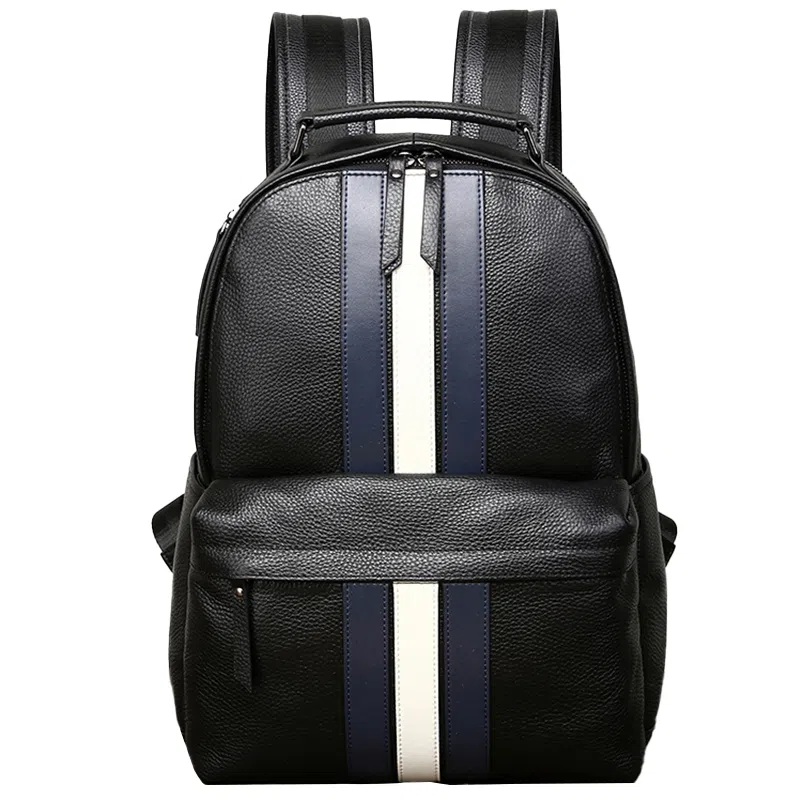 老人头 经典欧美风蓝白条纹大容量出差旅游 牛皮 双肩包 常规 男款 黑色