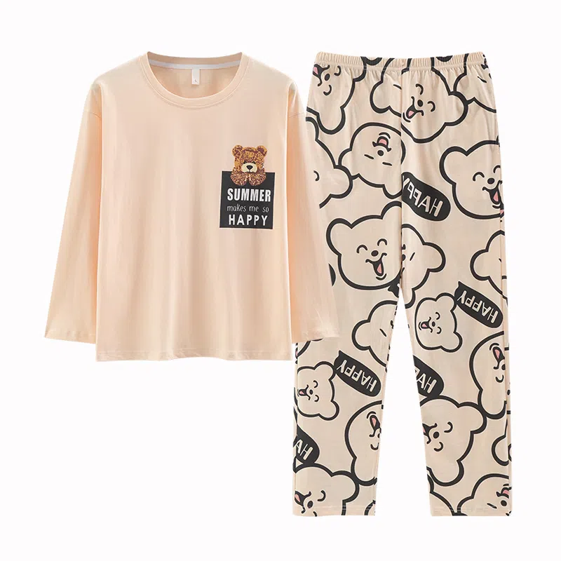 莫代尔 舒适柔软微弹透气吸湿亲肤耐磨长袖长裤不勒腹可居家休闲可外穿睡衣套装 女款 杏色