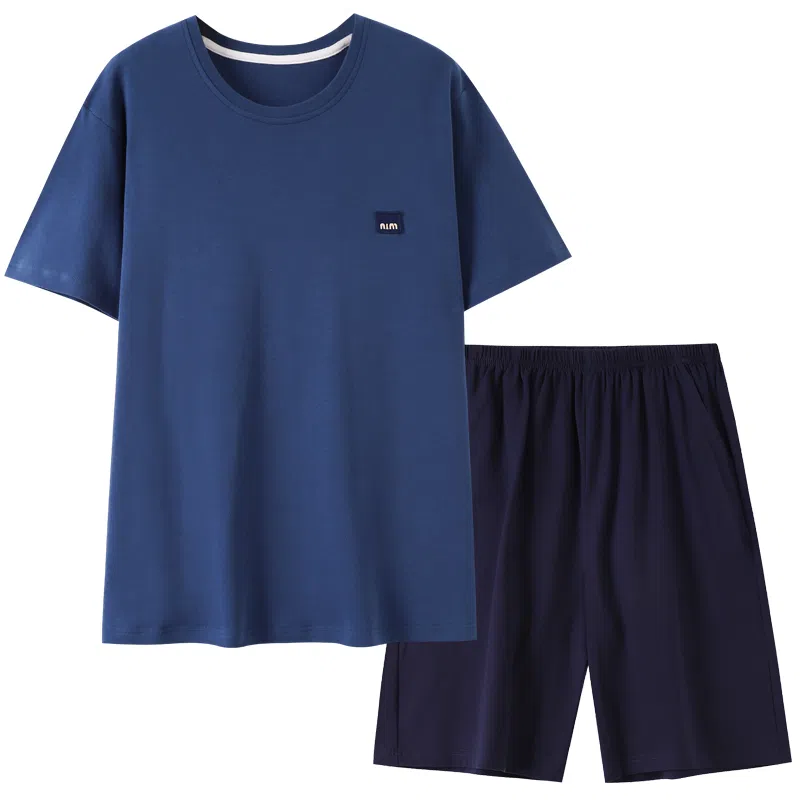 歌倩雅 简约亲肤舒适圆领套头短袖休闲可外穿五分裤睡衣套装 男款 深蓝色
