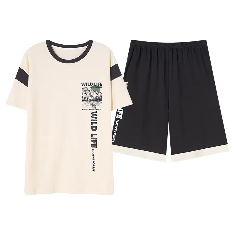 歌倩雅 圆领套头短袖可外穿五分裤睡衣套装 男款 白色