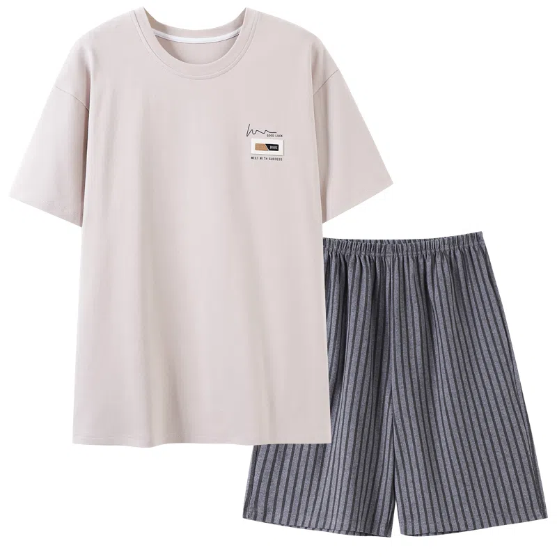 歌倩雅 薄款休闲舒适短袖五分裤可外穿睡衣套装 男款 图色