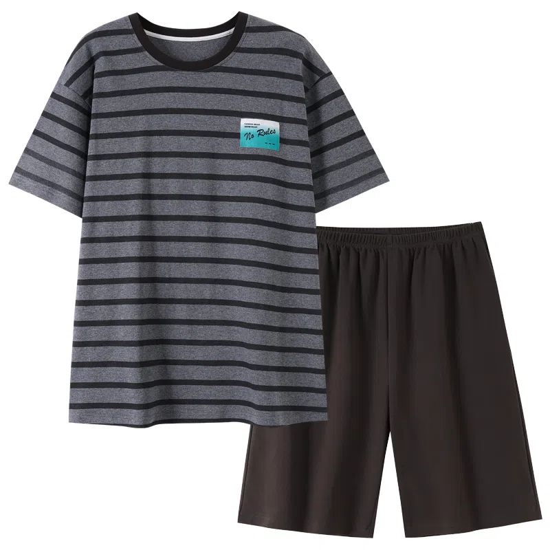 歌倩雅 舒适条纹运动风圆领短袖五分裤睡衣套装 男款 灰色