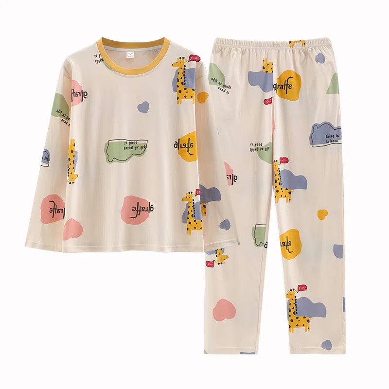 莫代尔 舒适柔软透气亲肤耐磨吸湿排汗长袖长裤不勒腹可居家休闲可外穿睡衣套装 女款 杏色