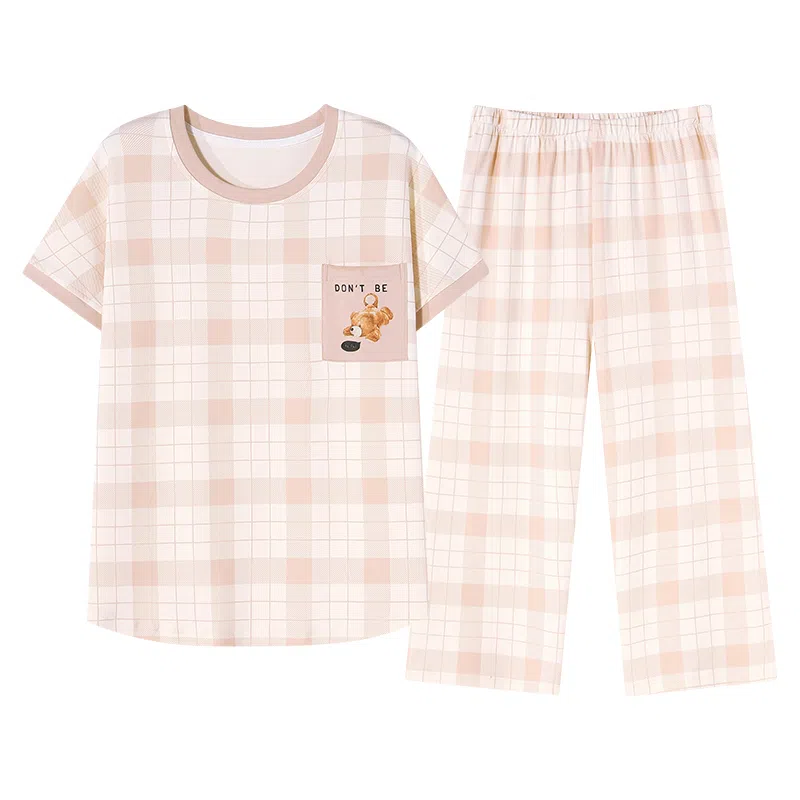 歌倩雅 舒适透气短袖七分裤休闲睡衣套装 女款 杏色