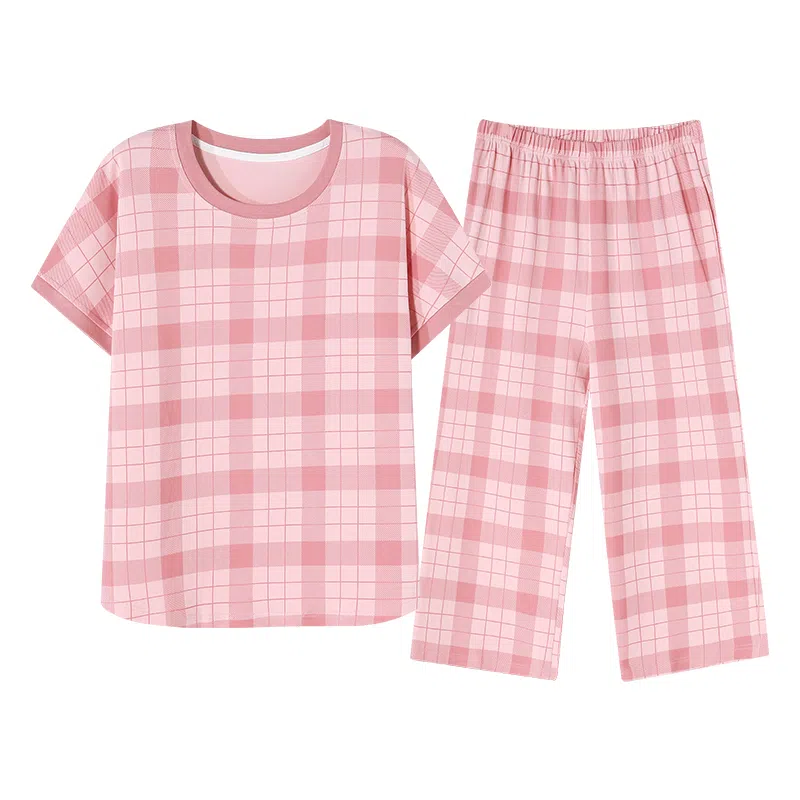 歌倩雅 休闲简约舒适透气短袖七分裤睡衣套装 女款 粉色