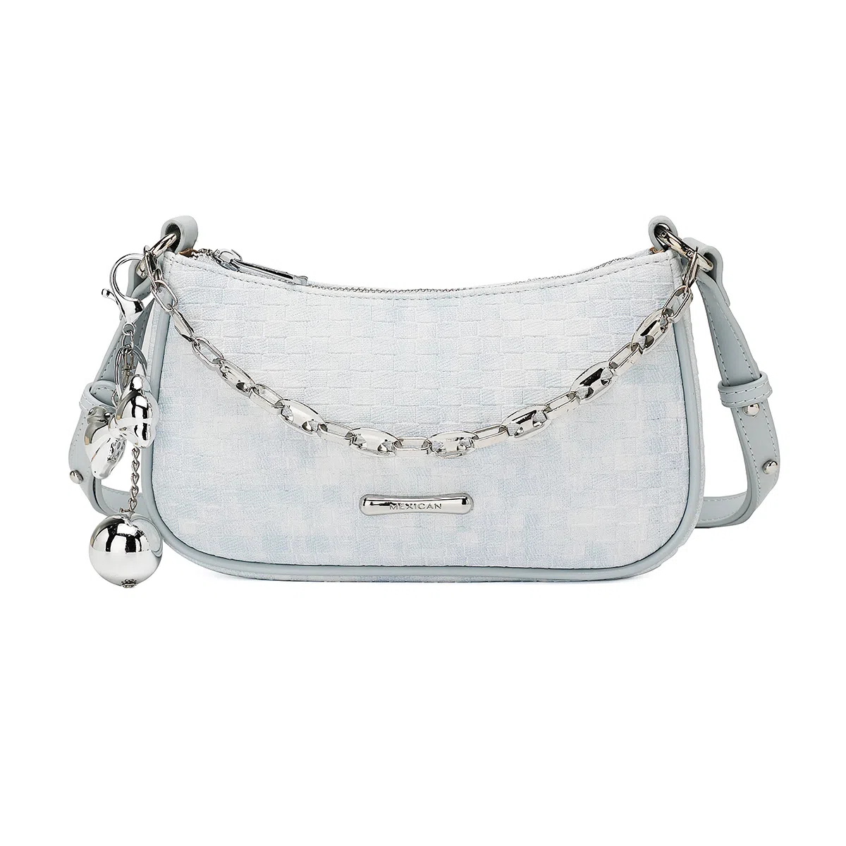 稻草人 时尚百搭甜美少女 编织纹理 聚氨酯革 腋下包斜挎包手提包单肩包 小号 女款 浅蓝/银色