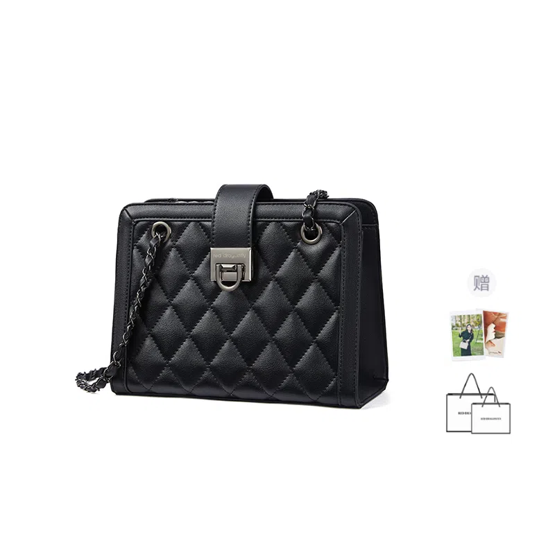 红蜻蜓 轻奢小众设计小香风高级感菱格金属双链条 牛皮 单肩包腋下包斜挎包 常规 女款 黑色
