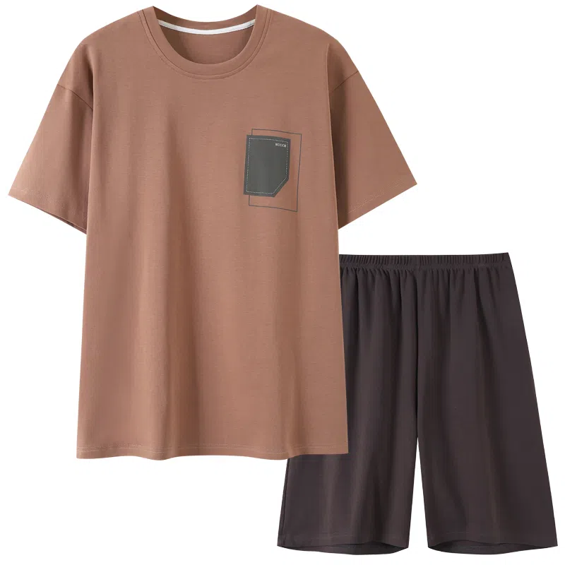 歌倩雅 纯色圆领短袖五分裤运动风睡衣套装 男款 棕色