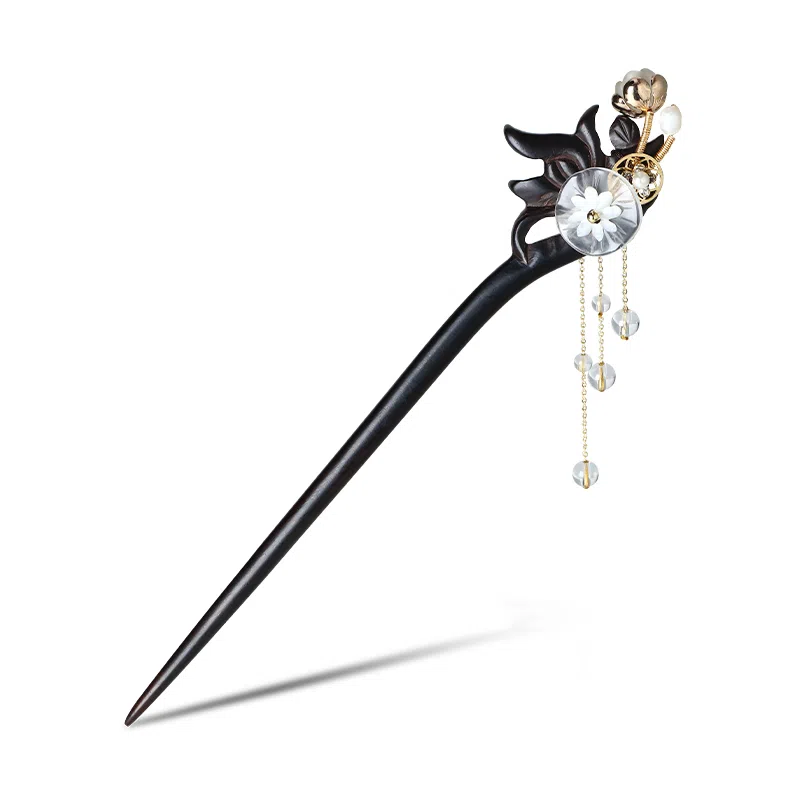 凤凰涅磐 棠荷黑檀木古风小众发簪新中式白水晶流苏步摇木簪精致水沫玉荷叶复古簪子 黑檀木 发簪 女款 黑檀