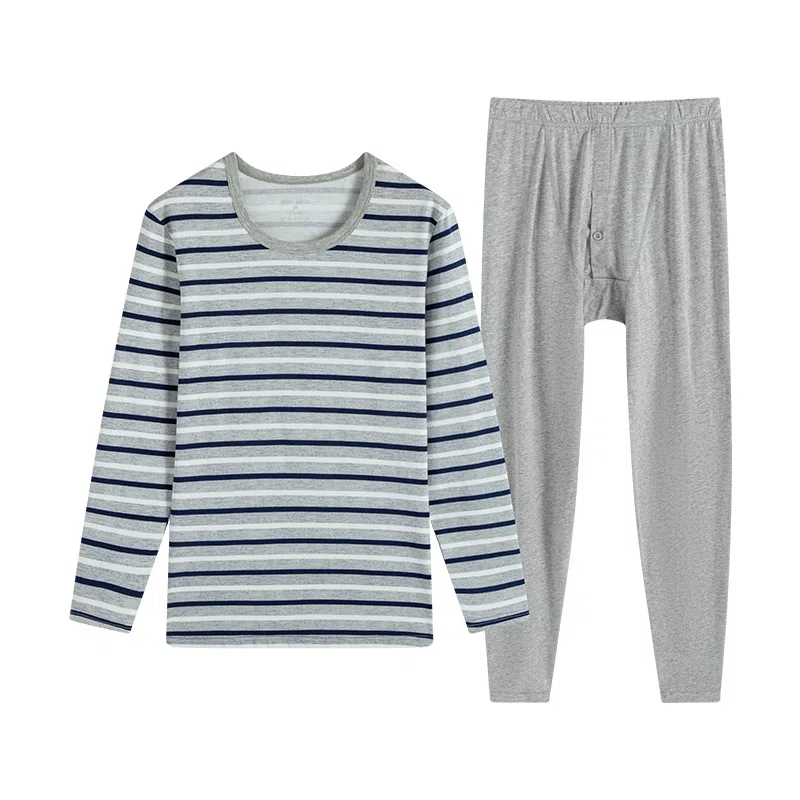 贴身领域 纯棉青少年秋衣条纹薄款可外穿长袖长裤内衣保暖套装 男款