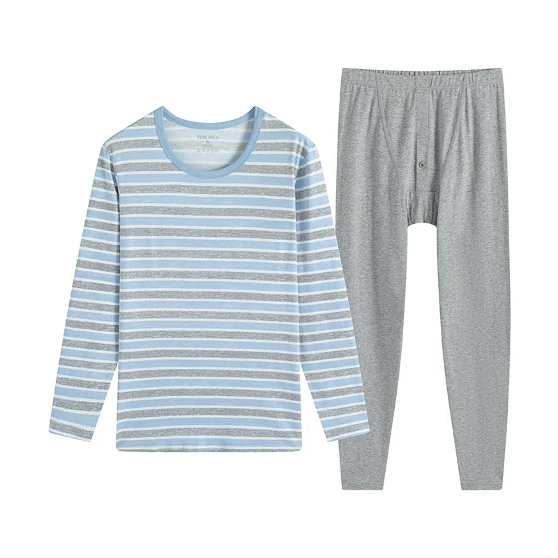 贴身领域 纯棉青少年秋衣条纹薄款可外穿长袖长裤内衣保暖套装 男款
