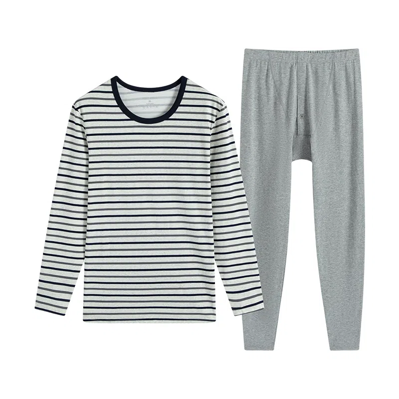 贴身领域 纯棉青少年秋衣条纹薄款可外穿长袖长裤内衣保暖套装 男款