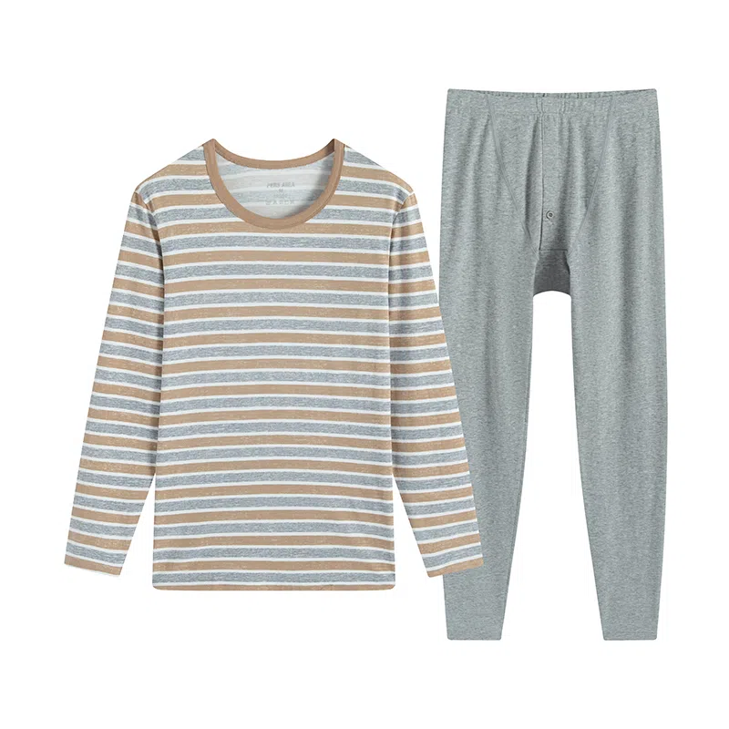 贴身领域 纯棉青少年秋衣条纹薄款可外穿长袖长裤内衣保暖套装 男款